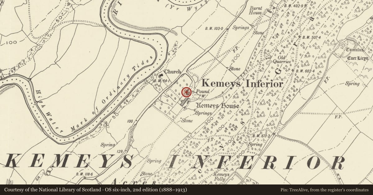 Ordnance Survey six-inch map, 2nd edition (1888–1913) covering the location of Barn to N of Kemeys Manor, Langstone, Newport, with a pin at the register's coordinates