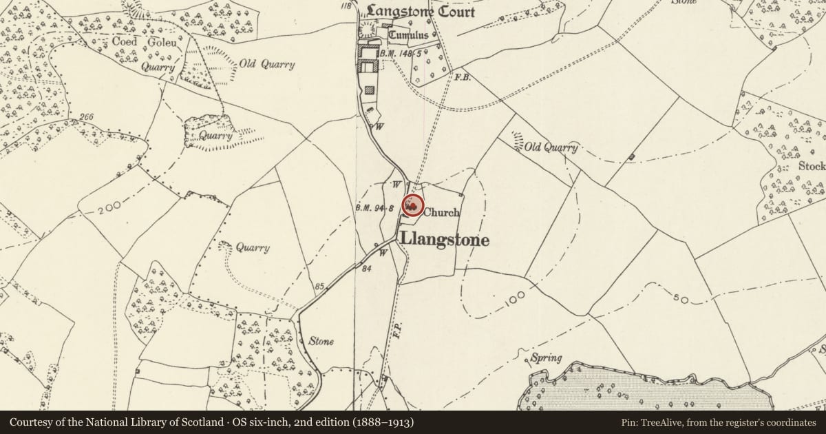 Ordnance Survey six-inch map, 2nd edition (1888–1913) covering the location of Parish Church of Langstone, Newport, with a pin at the register's coordinates
