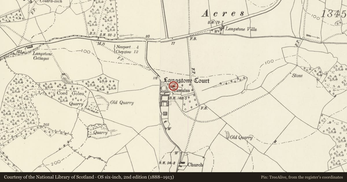 Ordnance Survey six-inch map, 2nd edition (1888–1913) covering the location of Langstone Court Farmhouse, Newport, with a pin at the register's coordinates