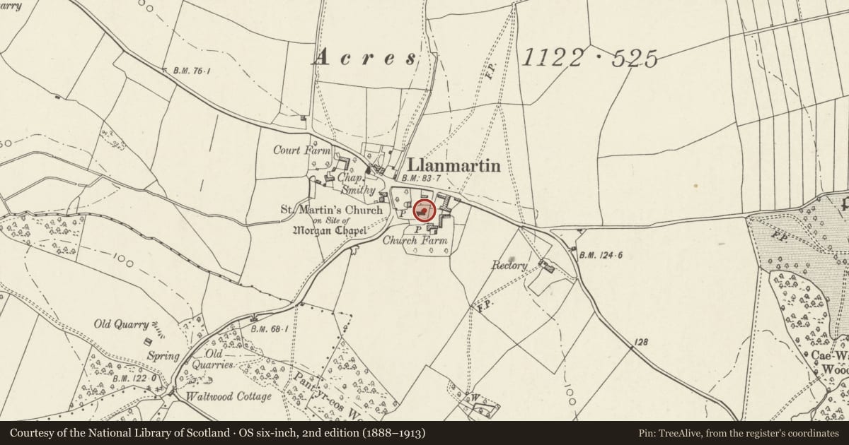 Ordnance Survey six-inch map, 2nd edition (1888–1913) covering the location of Parish Church of St Martin, Langstone, Newport, with a pin at the register's coordinates