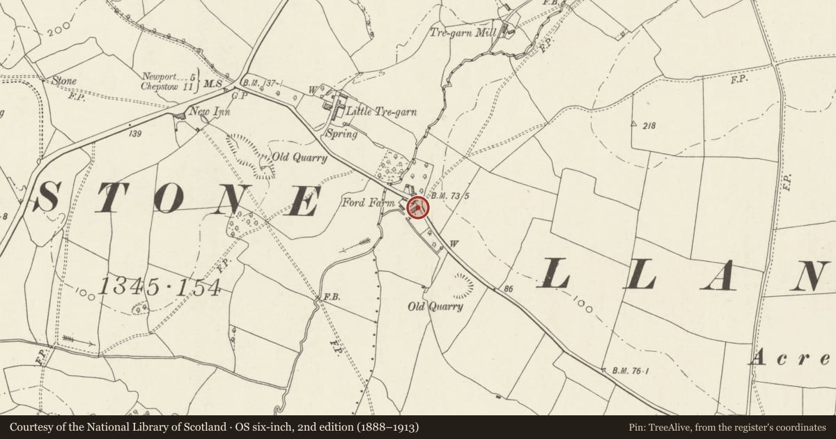 Ordnance Survey six-inch map, 2nd edition (1888–1913) covering the location of Ford Farmhouse, Langstone, Newport, with a pin at the register's coordinates