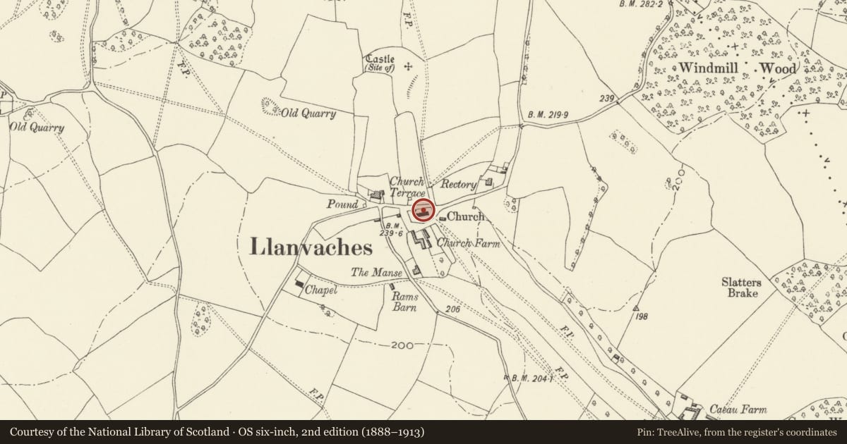 Ordnance Survey six-inch map, 2nd edition (1888–1913) covering the location of Parish Church of St Dubritius, Llanvaches, Newport, with a pin at the register's coordinates