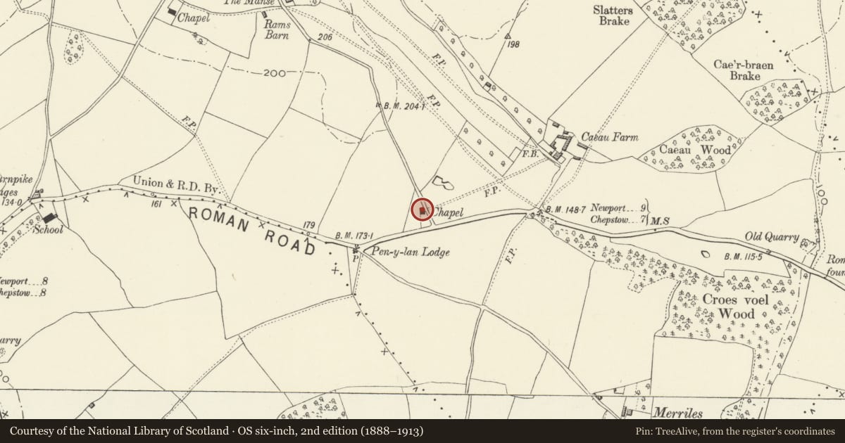 Ordnance Survey six-inch map, 2nd edition (1888–1913) covering the location of Tabernacle Chapel (including Wroth Memorial Hall), Llanvaches, Newport, with a pin at the register's coordinates
