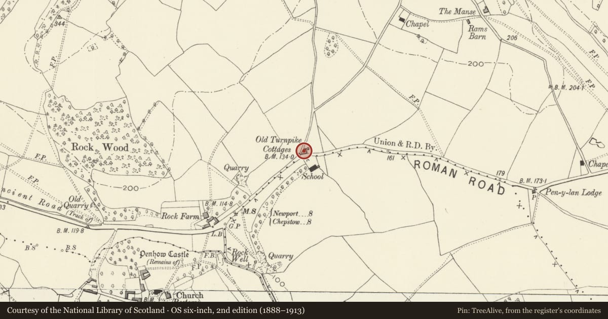 Ordnance Survey six-inch map, 2nd edition (1888–1913) covering the location of Old Turnpike Cottage, Llanvaches, Newport, with a pin at the register's coordinates