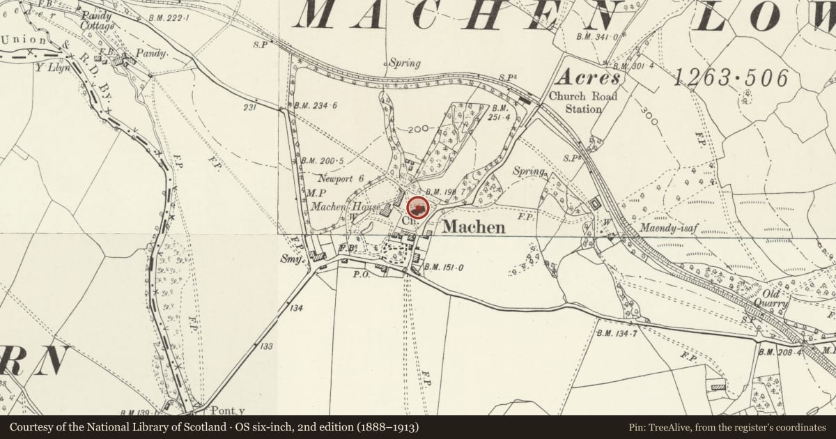 Ordnance Survey six-inch map, 2nd edition (1888–1913) covering the location of Church of Saint Michael, Graig, Newport, with a pin at the register's coordinates