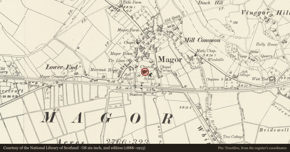 Ordnance Survey six-inch map, 2nd edition (1888–1913) covering the location of Church of St Mary, Magor with Undy, Monmouthshire, with a pin at the register's coordinates