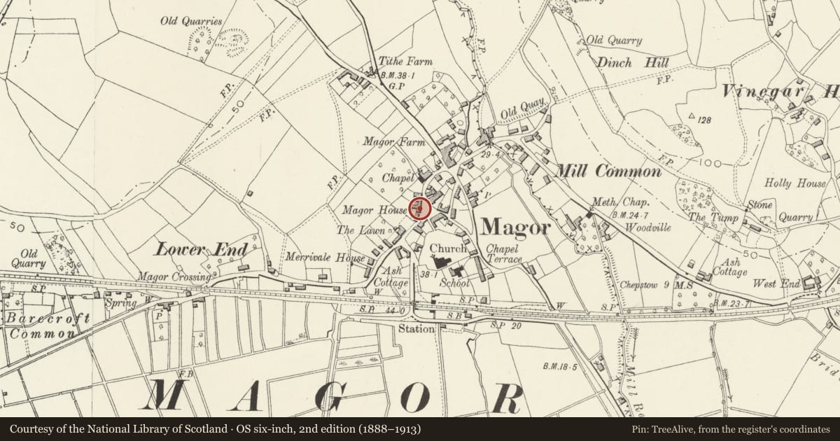 Ordnance Survey six-inch map, 2nd edition (1888–1913) covering the location of Magor House, Magor with Undy, Monmouthshire, with a pin at the register's coordinates