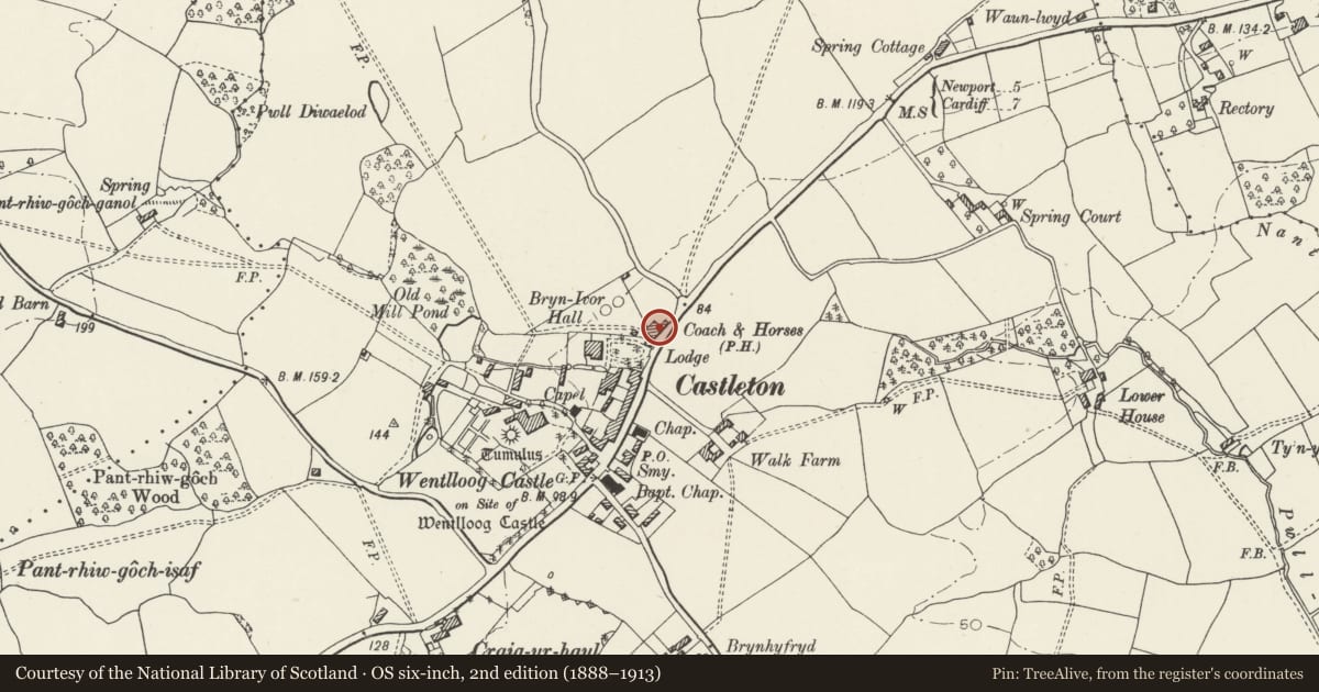 Ordnance Survey six-inch map, 2nd edition (1888–1913) covering the location of The Coach and Horses PH, Marshfield, Newport, with a pin at the register's coordinates