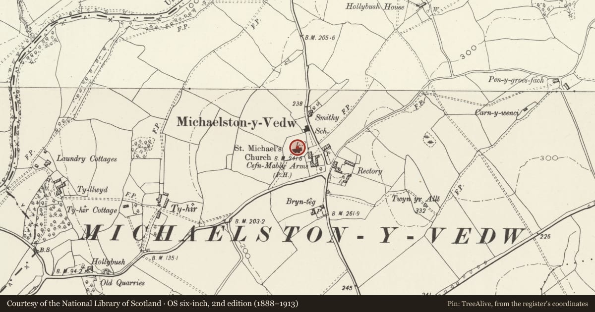 Ordnance Survey six-inch map, 2nd edition (1888–1913) covering the location of Parish Church of St Michael, Michaelstone-y-Fedw, Newport, with a pin at the register's coordinates