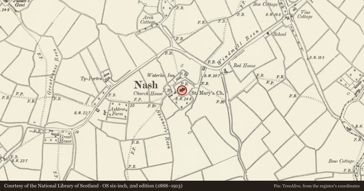 Ordnance Survey six-inch map, 2nd edition (1888–1913) covering the location of Church of St Mary, Nash, Newport, with a pin at the register's coordinates