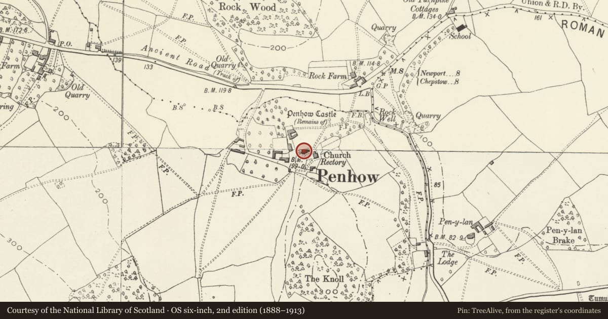 Ordnance Survey six-inch map, 2nd edition (1888–1913) covering the location of Parish Church of St John the Baptist, Penhow, Newport, with a pin at the register's coordinates