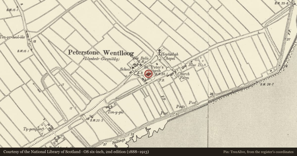 Ordnance Survey six-inch map, 2nd edition (1888–1913) covering the location of Parish Church of St Peter, St. Brides, Peterstone, Newport, with a pin at the register's coordinates