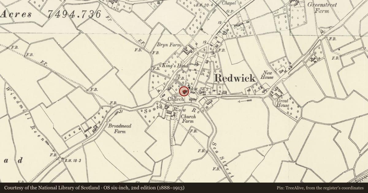 Ordnance Survey six-inch map, 2nd edition (1888–1913) covering the location of Church of St Thomas, Redwick, Newport, with a pin at the register's coordinates