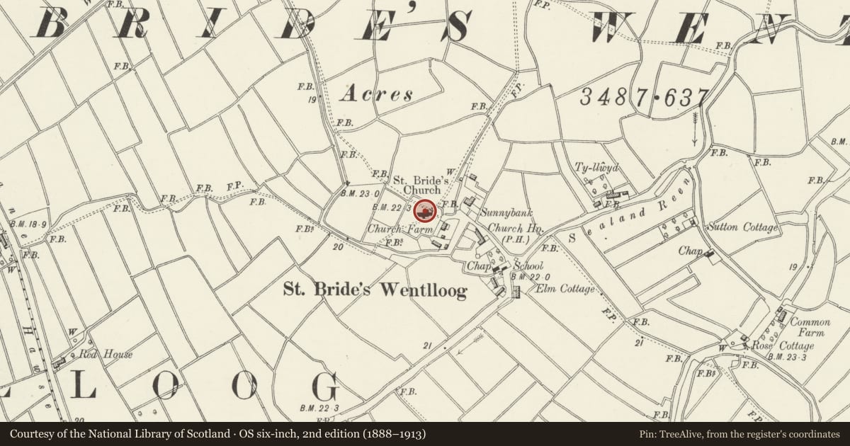 Ordnance Survey six-inch map, 2nd edition (1888–1913) covering the location of Parish Church of St Bridget, St. Brides, Peterstone, Newport, with a pin at the register's coordinates
