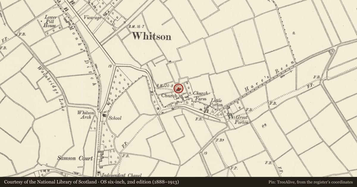 Ordnance Survey six-inch map, 2nd edition (1888–1913) covering the location of Whitson Church, Goldcliff, Newport, with a pin at the register's coordinates