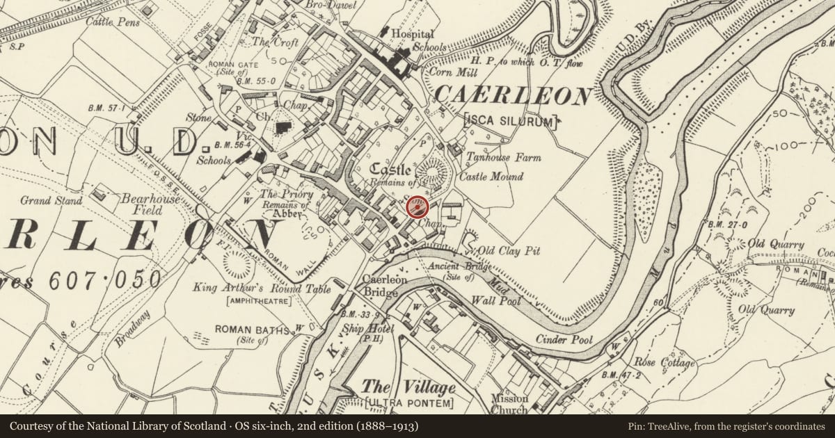 Ordnance Survey six-inch map, 2nd edition (1888–1913) covering the location of Garden Wall of The Mynde, Caerleon, Newport, with a pin at the register's coordinates