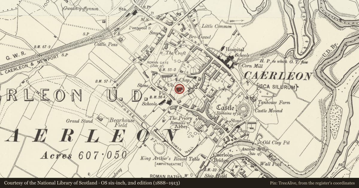Ordnance Survey six-inch map, 2nd edition (1888–1913) covering the location of Church of St. Cadoc, Caerleon, Newport, with a pin at the register's coordinates