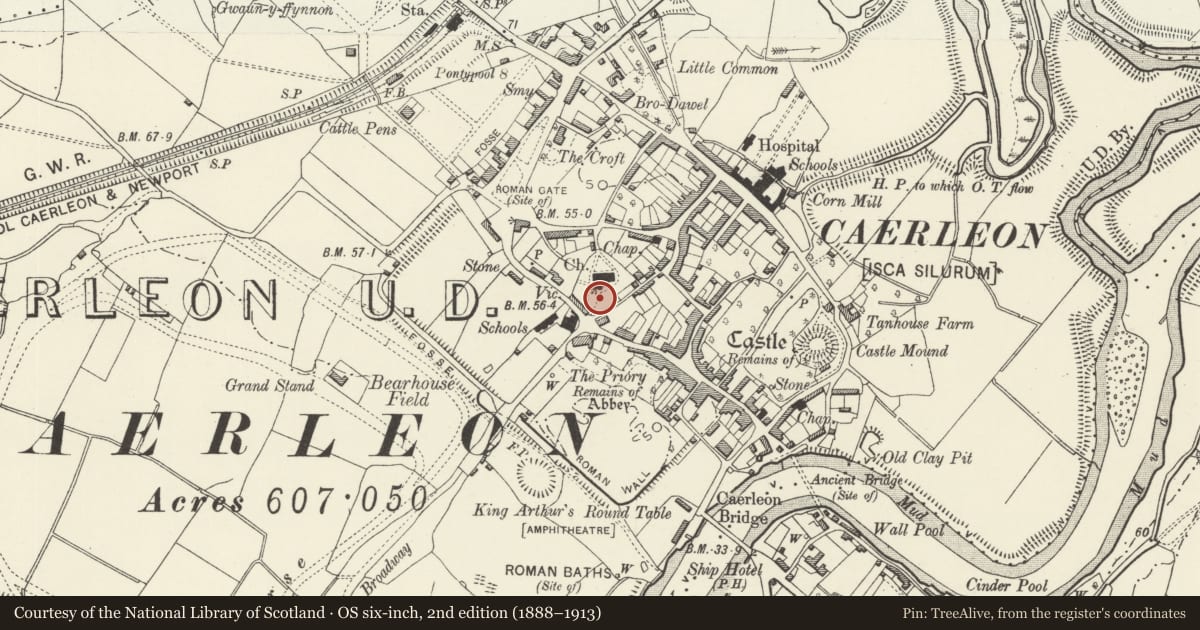 Ordnance Survey six-inch map, 2nd edition (1888–1913) covering the location of Lamppost in Churchyard of the Church of St Cadoc, Caerleon, Newport, with a pin at the register's coordinates