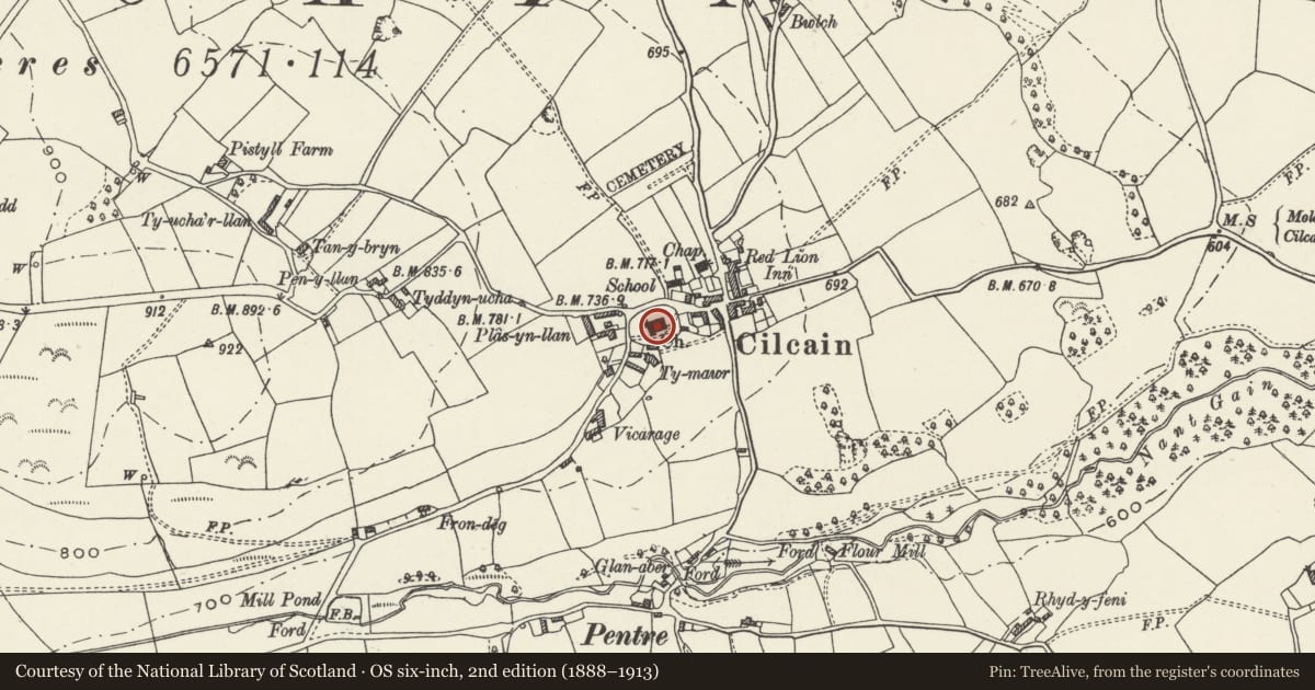 Ordnance Survey six-inch map, 2nd edition (1888–1913) covering the location of Church of St Mary, Cilcain, Flintshire, with a pin at the register's coordinates