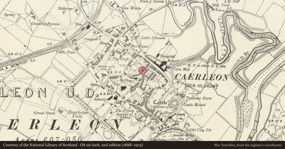 Ordnance Survey six-inch map, 2nd edition (1888–1913) covering the location of 6&7 Backhall Street, Caerleon, Newport, with a pin at the register's coordinates