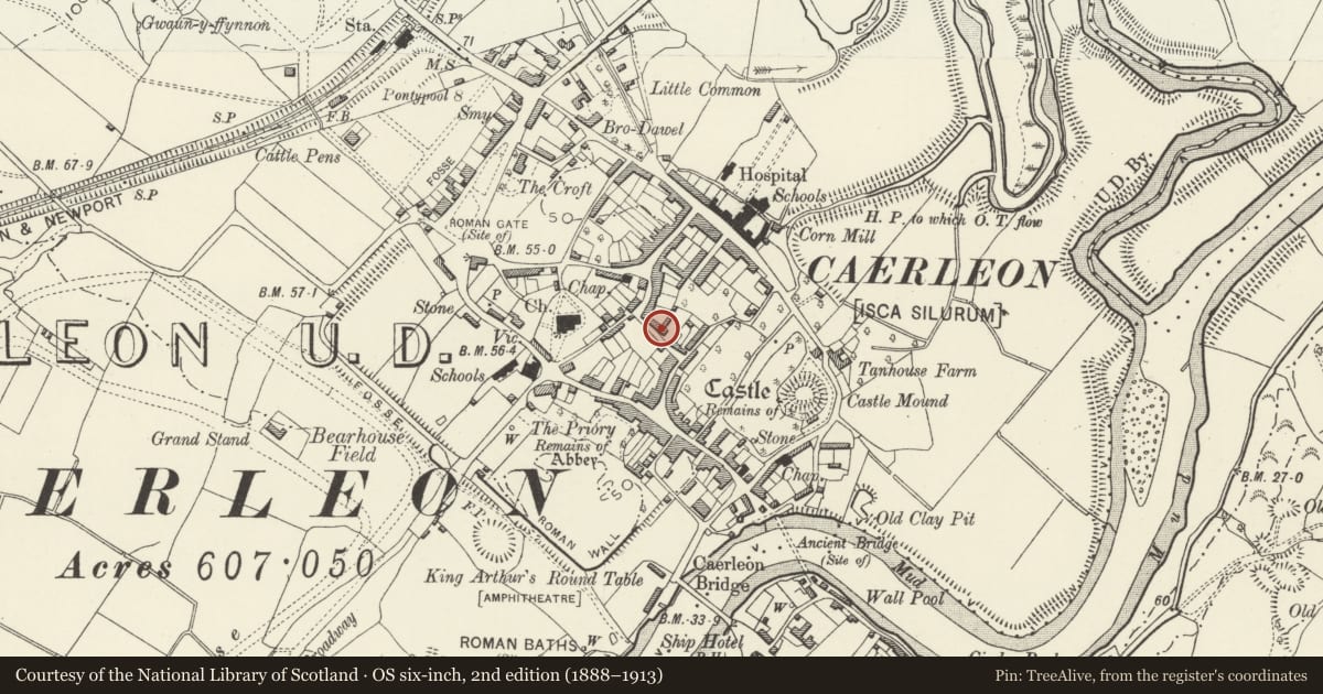 Ordnance Survey six-inch map, 2nd edition (1888–1913) covering the location of The Hall, Caerleon, Newport, with a pin at the register's coordinates