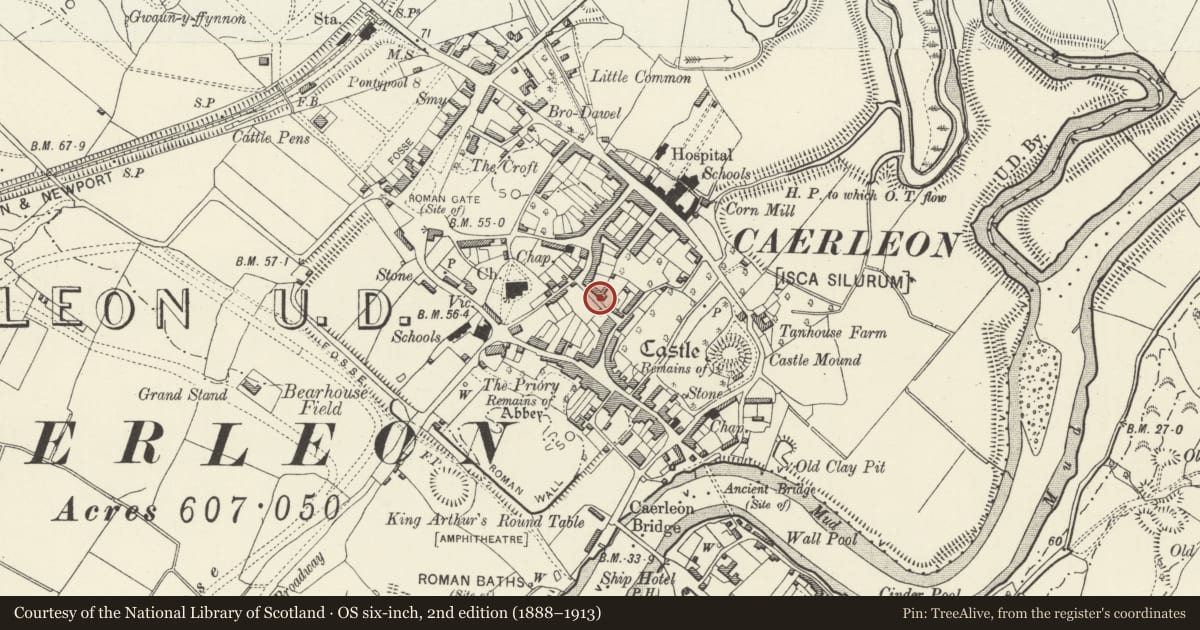 Ordnance Survey six-inch map, 2nd edition (1888–1913) covering the location of Garden Railings and Gate to The Hall, Caerleon, Newport, with a pin at the register's coordinates
