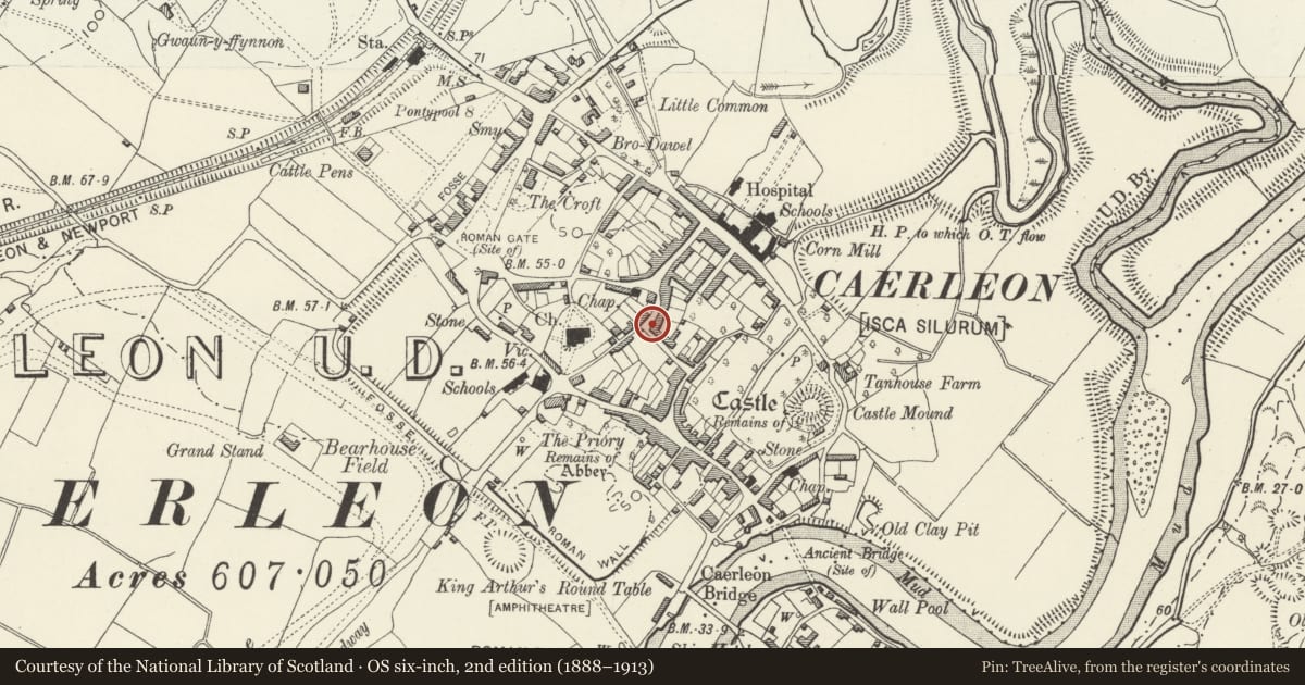 Ordnance Survey six-inch map, 2nd edition (1888–1913) covering the location of 27 Backhall Street, Caerleon, Newport, with a pin at the register's coordinates