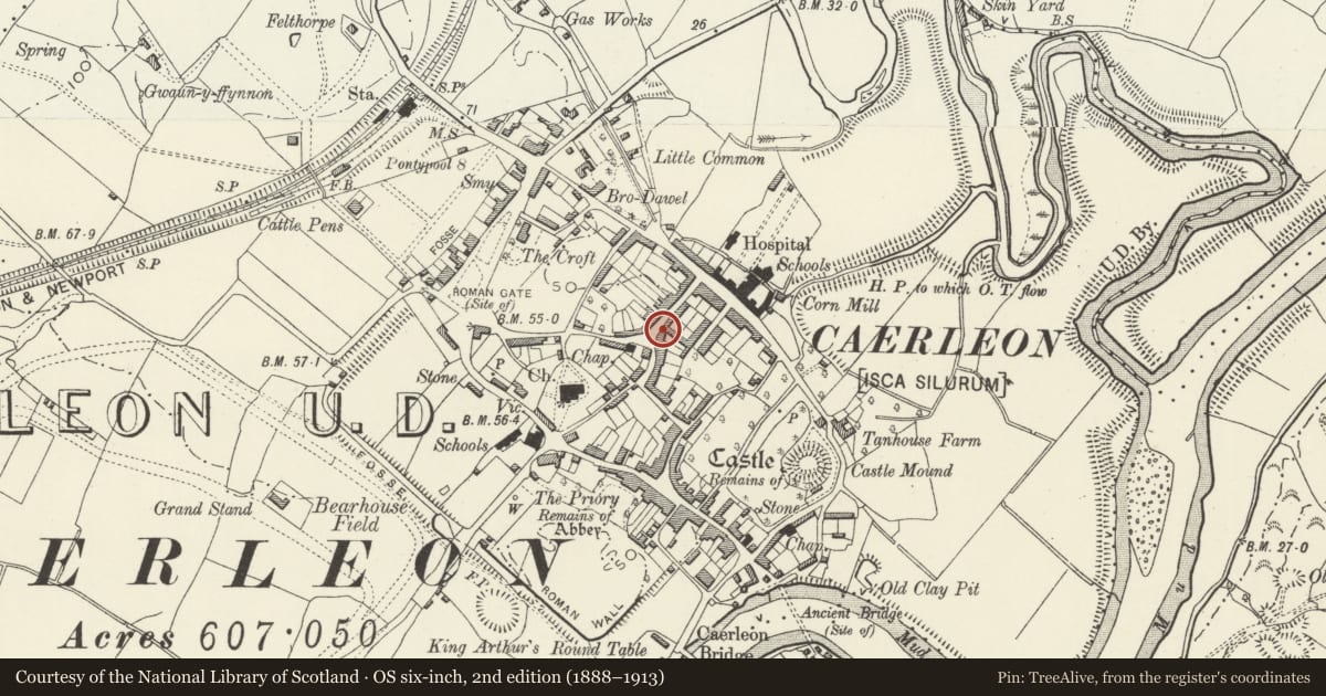 Ordnance Survey six-inch map, 2nd edition (1888–1913) covering the location of The Red Lion PH, Caerleon, Newport, with a pin at the register's coordinates