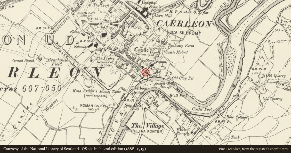 Ordnance Survey six-inch map, 2nd edition (1888–1913) covering the location of King's House, Caerleon, Newport, with a pin at the register's coordinates