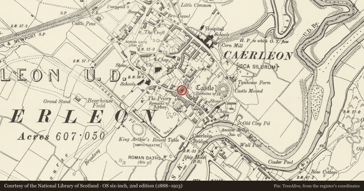Ordnance Survey six-inch map, 2nd edition (1888–1913) covering the location of 1 Cross Street, Caerleon, Newport, with a pin at the register's coordinates