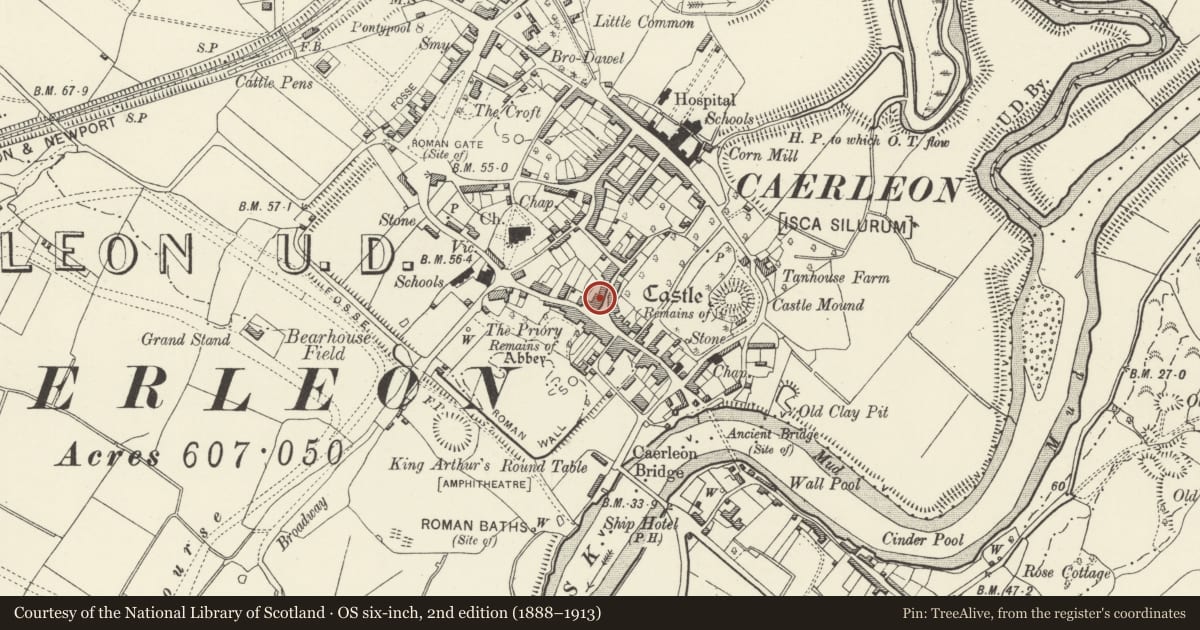 Ordnance Survey six-inch map, 2nd edition (1888–1913) covering the location of 2 Cross Street, Caerleon, Newport, with a pin at the register's coordinates
