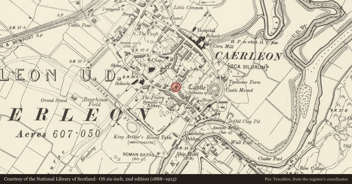 Ordnance Survey six-inch map, 2nd edition (1888–1913) covering the location of 3 Cross Street, Caerleon, Newport, with a pin at the register's coordinates