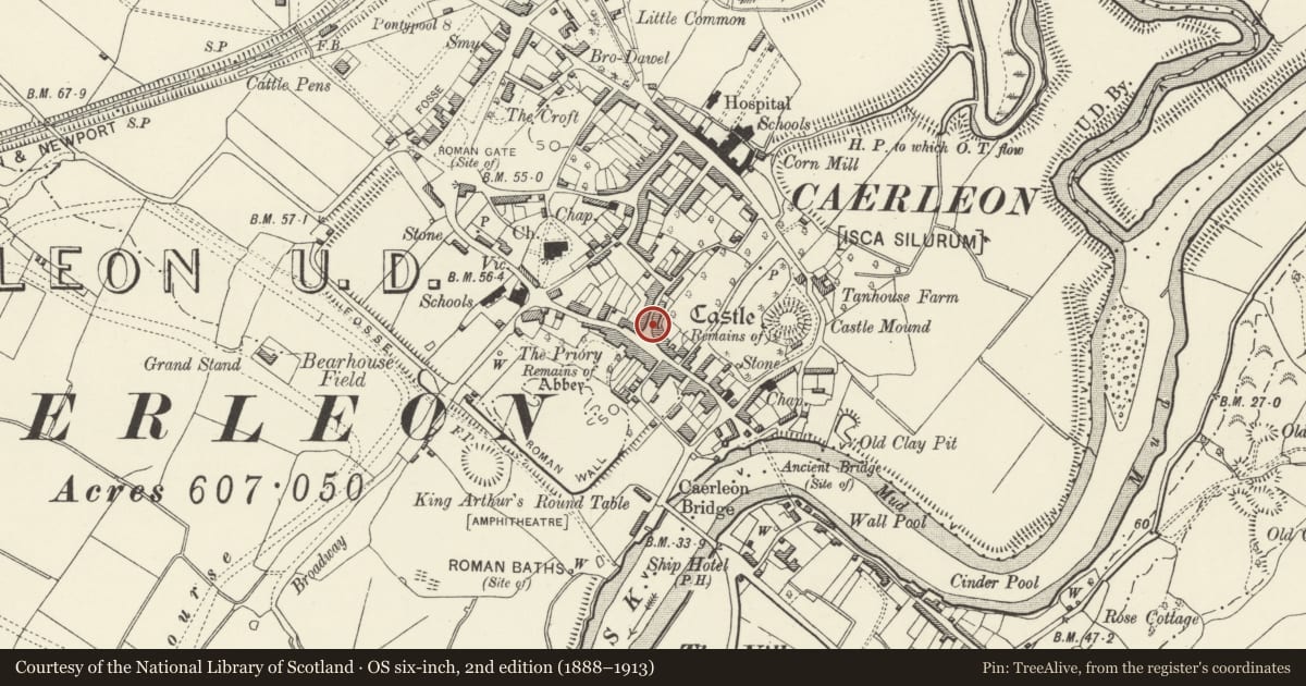 Ordnance Survey six-inch map, 2nd edition (1888–1913) covering the location of 20&21 Cross Street, Caerleon, Newport, with a pin at the register's coordinates
