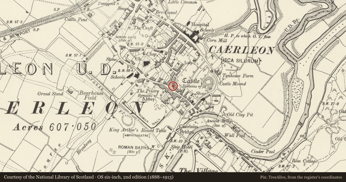 Ordnance Survey six-inch map, 2nd edition (1888–1913) covering the location of The Firs with attached railings, Caerleon, Newport, with a pin at the register's coordinates