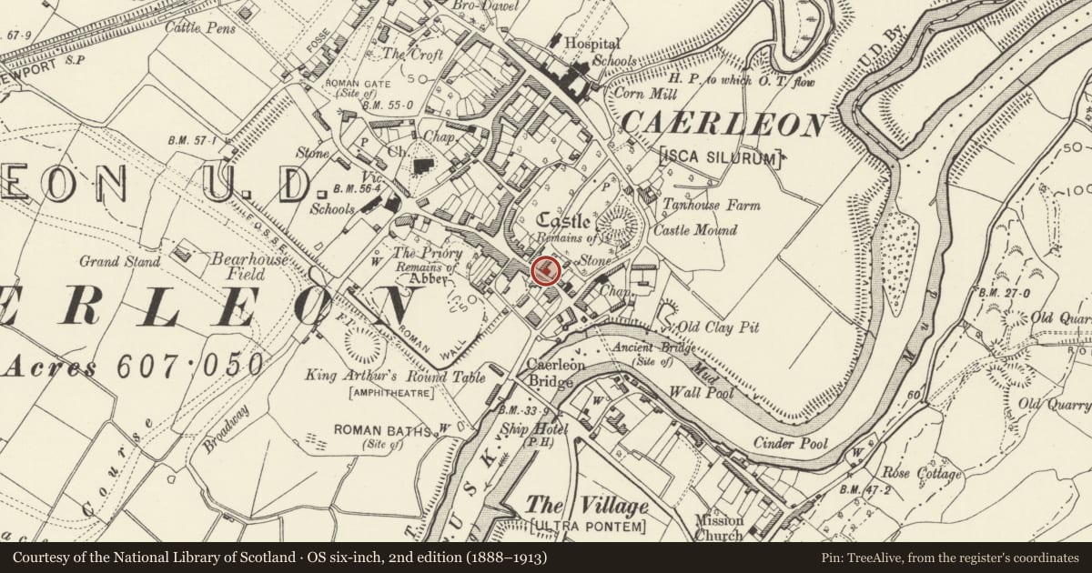 Ordnance Survey six-inch map, 2nd edition (1888–1913) covering the location of 15 High Street, Caerleon, Newport, with a pin at the register's coordinates