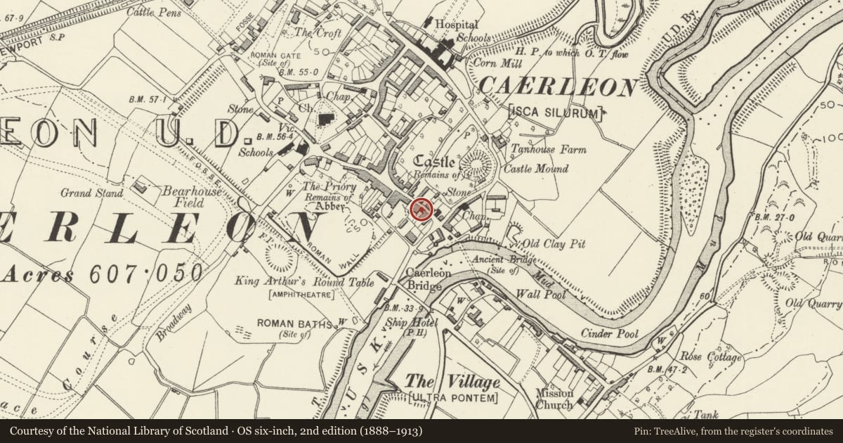 Ordnance Survey six-inch map, 2nd edition (1888–1913) covering the location of 23 High Street, Caerleon, Newport, with a pin at the register's coordinates