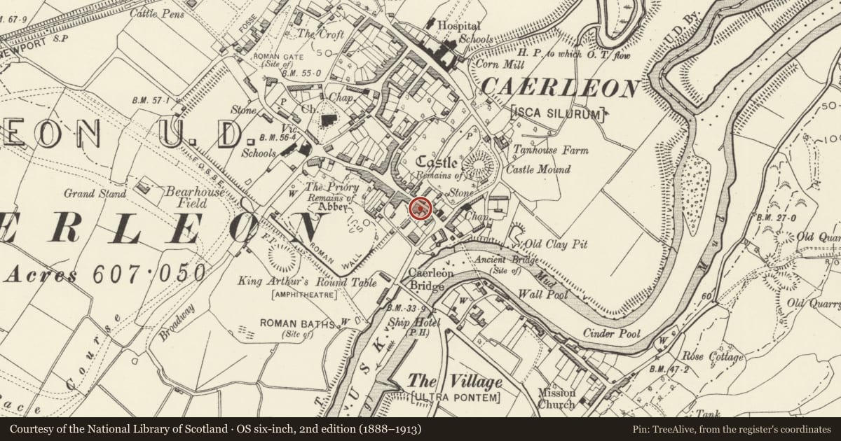 Ordnance Survey six-inch map, 2nd edition (1888–1913) covering the location of 24 High Street, Caerleon, Newport, with a pin at the register's coordinates
