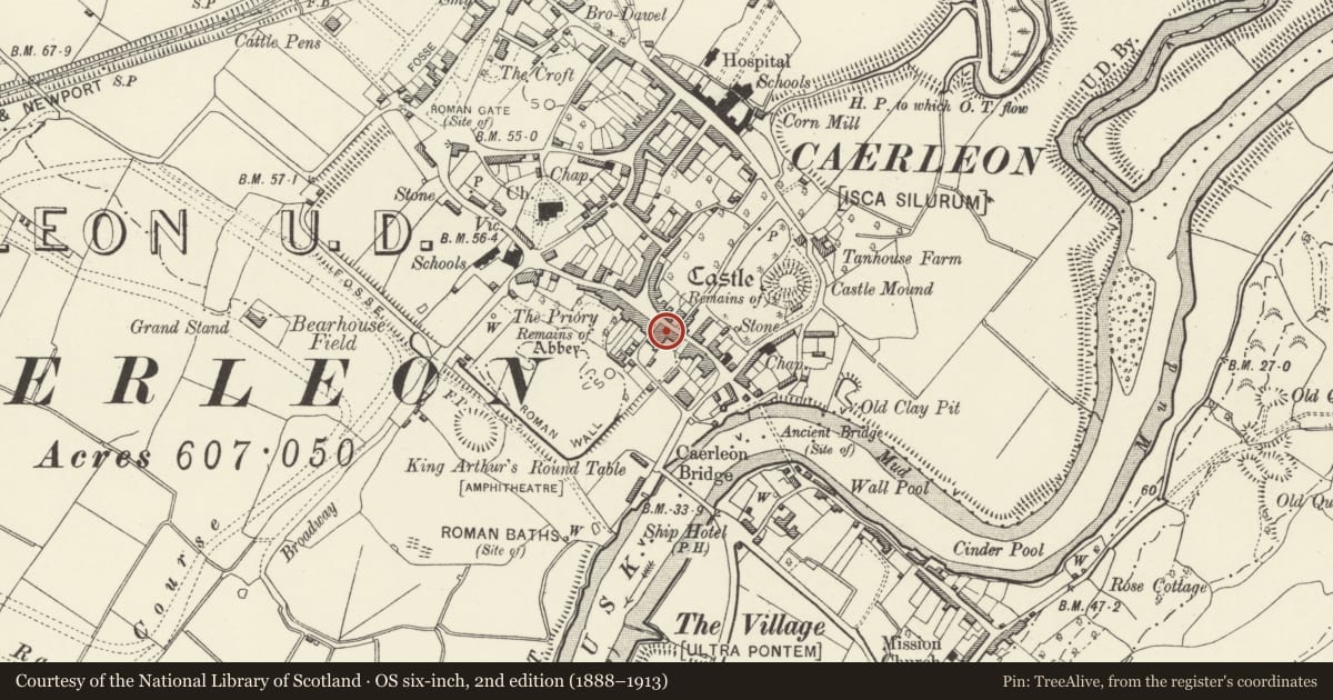 Ordnance Survey six-inch map, 2nd edition (1888–1913) covering the location of 27 High Street, Caerleon, Newport, with a pin at the register's coordinates
