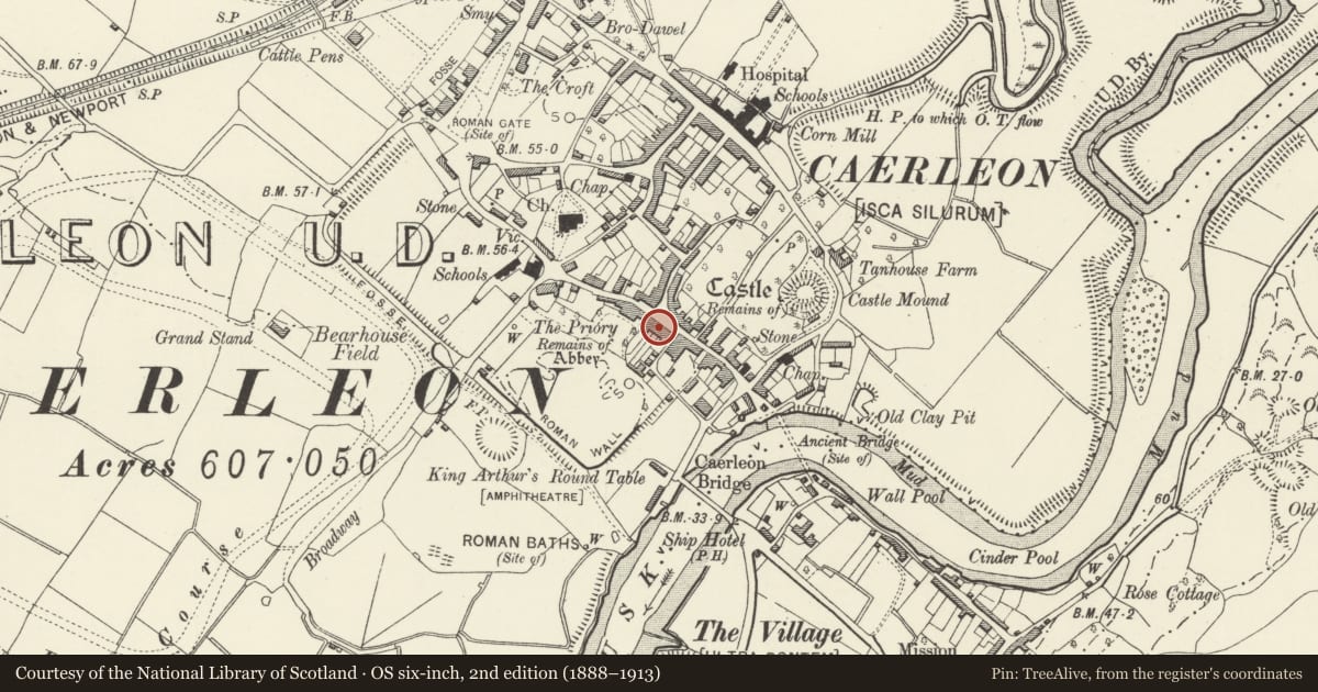 Ordnance Survey six-inch map, 2nd edition (1888–1913) covering the location of No 30 including attached railings, Caerleon, Newport, with a pin at the register's coordinates