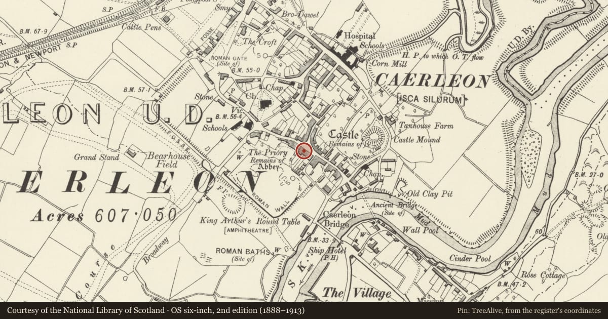 Ordnance Survey six-inch map, 2nd edition (1888–1913) covering the location of The Post Office, Caerleon, Newport, with a pin at the register's coordinates