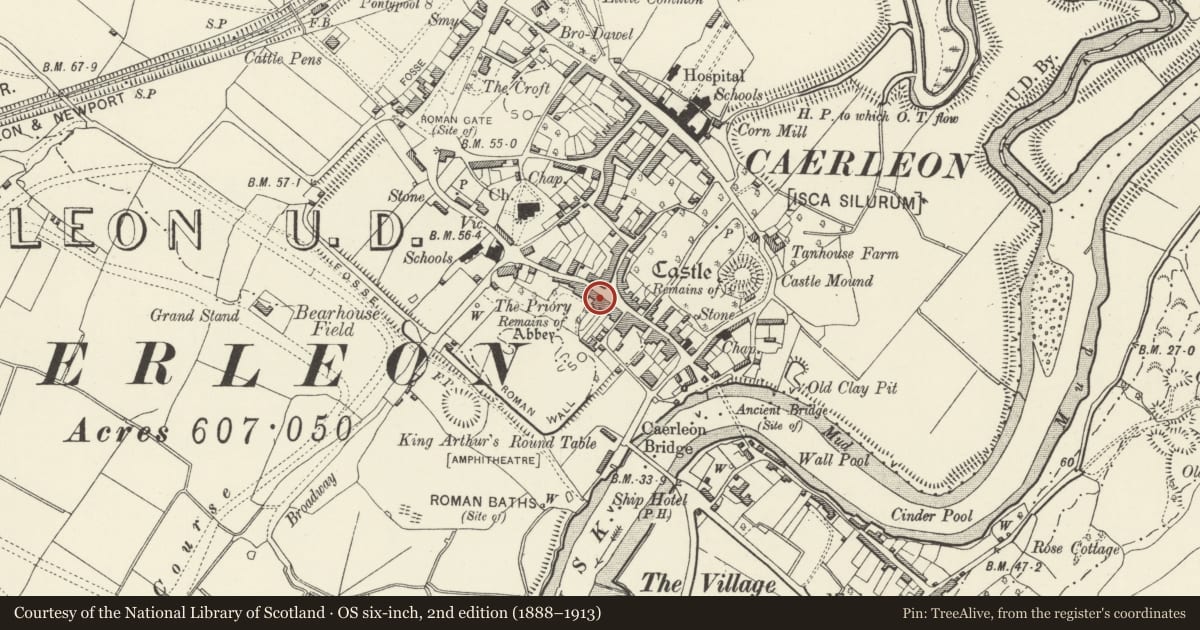 Ordnance Survey six-inch map, 2nd edition (1888–1913) covering the location of No 32 including attached railings, Caerleon, Newport, with a pin at the register's coordinates