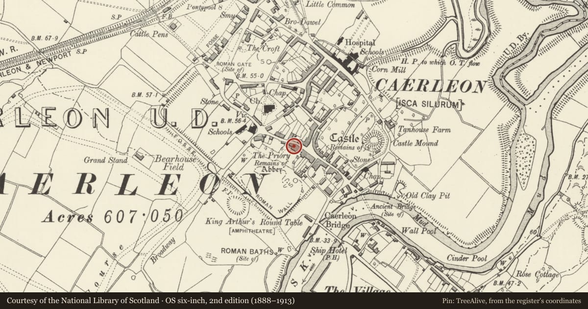 Ordnance Survey six-inch map, 2nd edition (1888–1913) covering the location of The Priory Hotel, Caerleon, Newport, with a pin at the register's coordinates