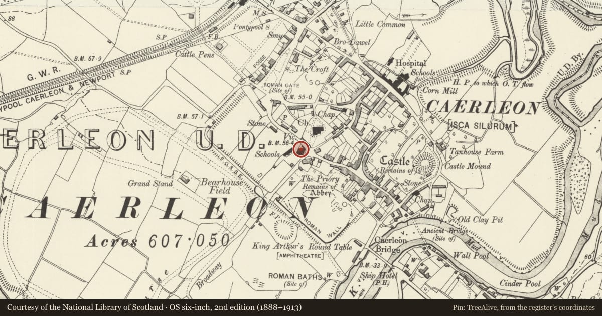 Ordnance Survey six-inch map, 2nd edition (1888–1913) covering the location of The Endowed School, Caerleon, Newport, with a pin at the register's coordinates