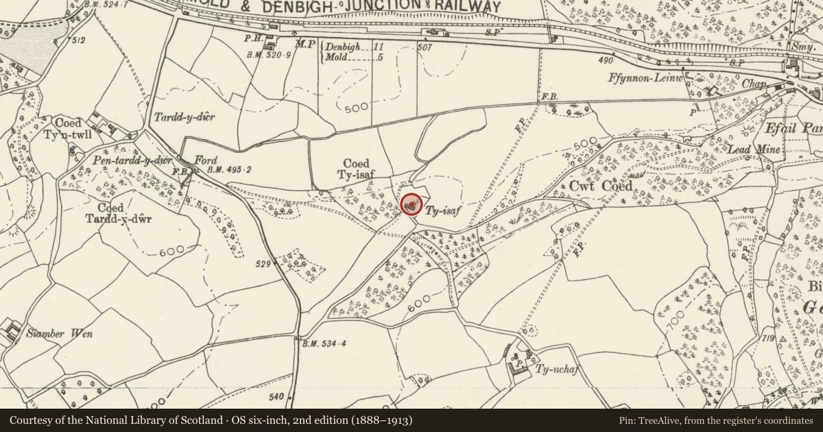 Ordnance Survey six-inch map, 2nd edition (1888–1913) covering the location of Ty Isa, Cilcain, Flintshire, with a pin at the register's coordinates