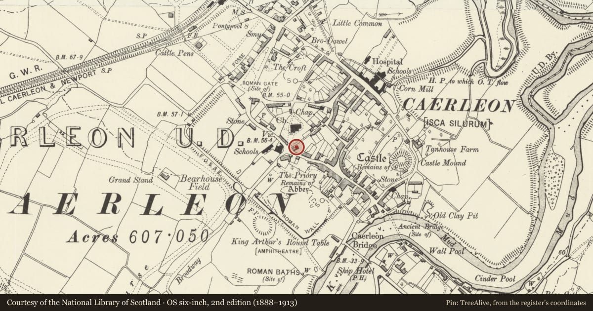 Ordnance Survey six-inch map, 2nd edition (1888–1913) covering the location of Ashlar Doric portico at The Roman Legionary Museum, Caerleon, Newport, with a pin at the register's coordinates