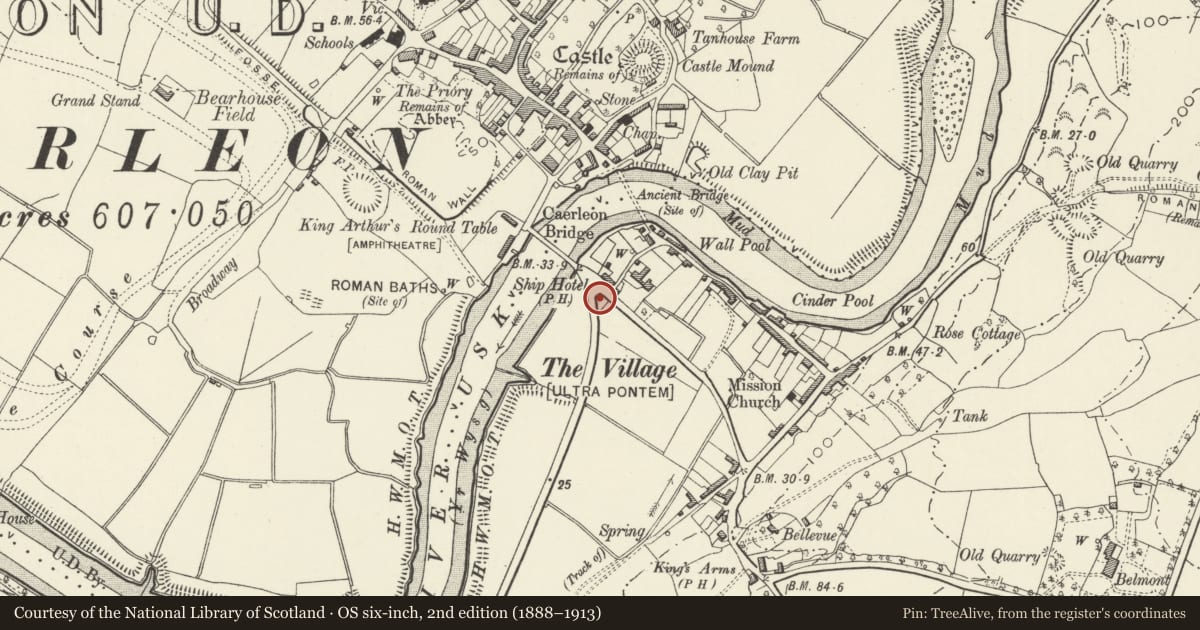 Ordnance Survey six-inch map, 2nd edition (1888–1913) covering the location of The Old Toll House, Caerleon, Newport, with a pin at the register's coordinates