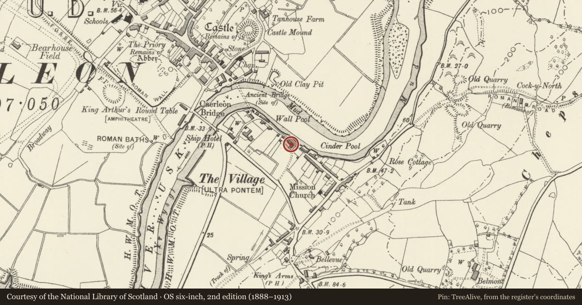 Ordnance Survey six-inch map, 2nd edition (1888–1913) covering the location of Isca Grange, including attached forecourt railings and gate, Caerleon, Newport, with a pin at the register's coordinates