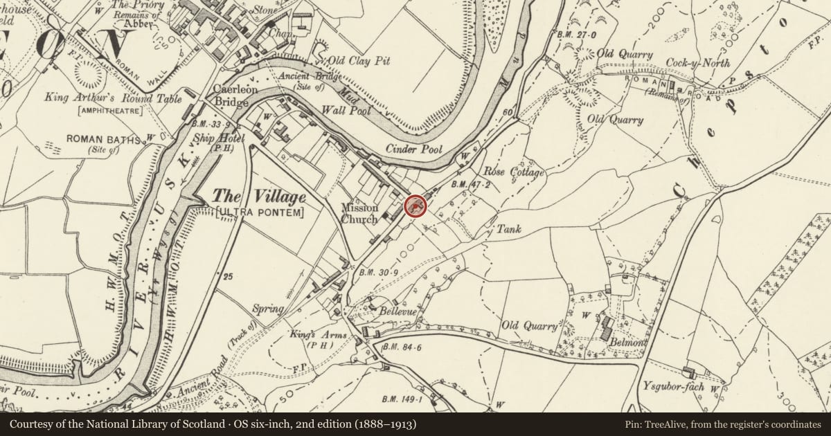 Ordnance Survey six-inch map, 2nd edition (1888–1913) covering the location of The Bell Inn PH, Caerleon, Newport, with a pin at the register's coordinates