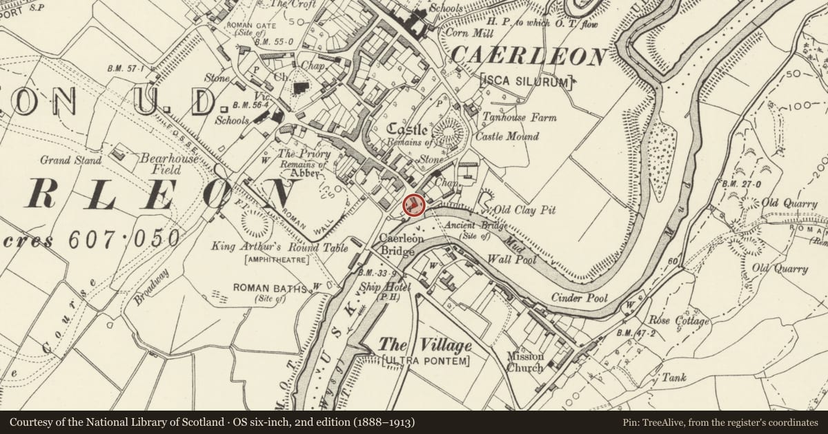 Ordnance Survey six-inch map, 2nd edition (1888–1913) covering the location of The Hanbury Arms PH, Caerleon, Newport, with a pin at the register's coordinates