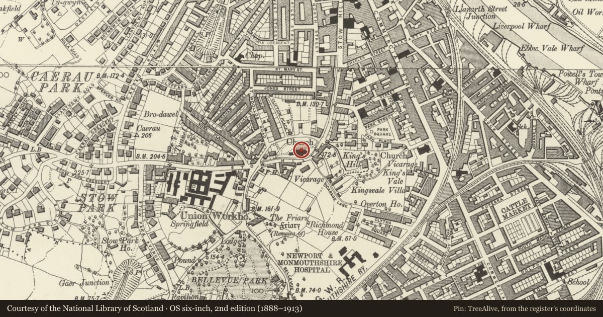Ordnance Survey six-inch map, 2nd edition (1888–1913) covering the location of St Woolos' Cathedral, Stow Hill, Newport, with a pin at the register's coordinates